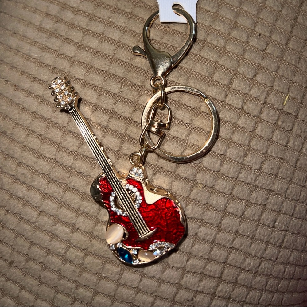 Red Guitar Keychain with Rhinestones - Picture 2 of 3